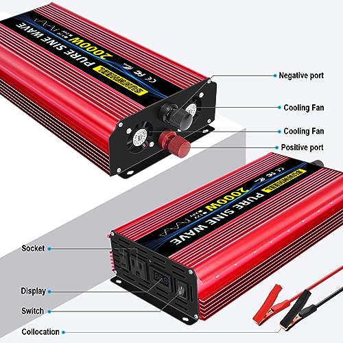 1000 Watt Pure Sine Wave Power Inverter DC 12V to AC 110V 120V with 2 AC Outlets LCD Display A2199
