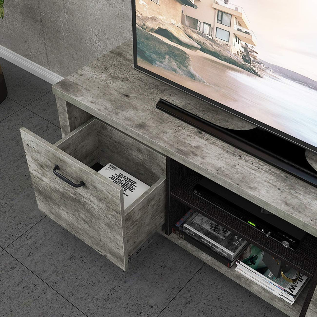 Light Grey Wood TV Stand with Two Drawers B436949