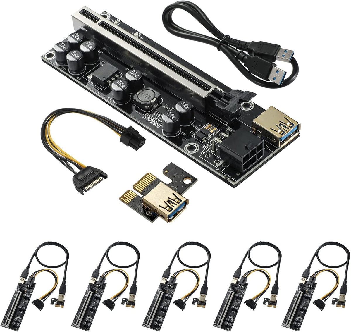 PCIE Riser with 6PIN SATA Power Cable and 60cm USB 3.0 Cable, 6 Pack N41197
