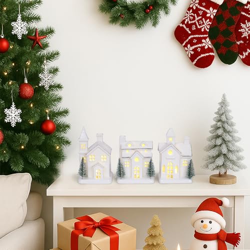 3Pcs Light Up Porcelain Christmas Village Houses with 4Pcs Christmas Trees LED Lighted Tabletop Figurines Y86105