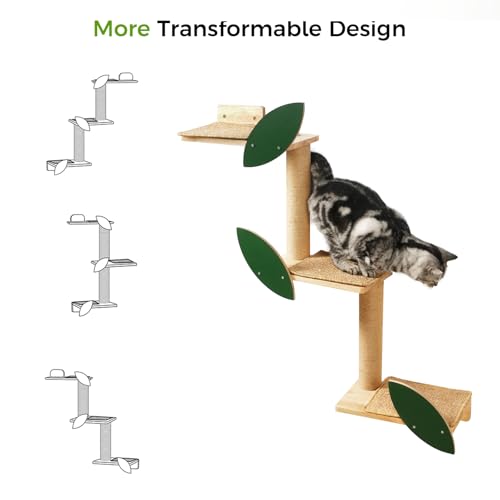 Cat Wall Shelves with Leaves, 2 Platform, Rubber Wood Wall Perch with Mat, Bridge U42398