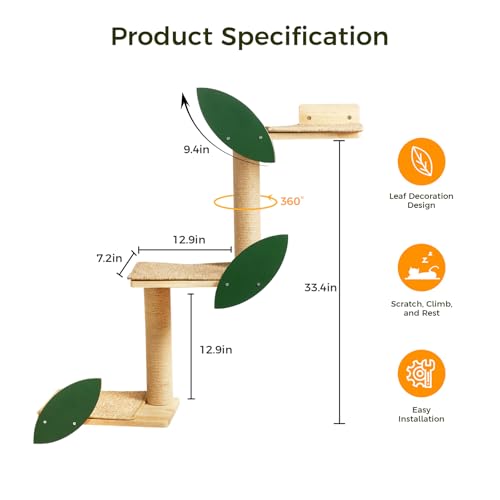 Cat Wall Shelves with Leaves, 2 Platform, Rubber Wood Wall Perch with Mat, Bridge U42398