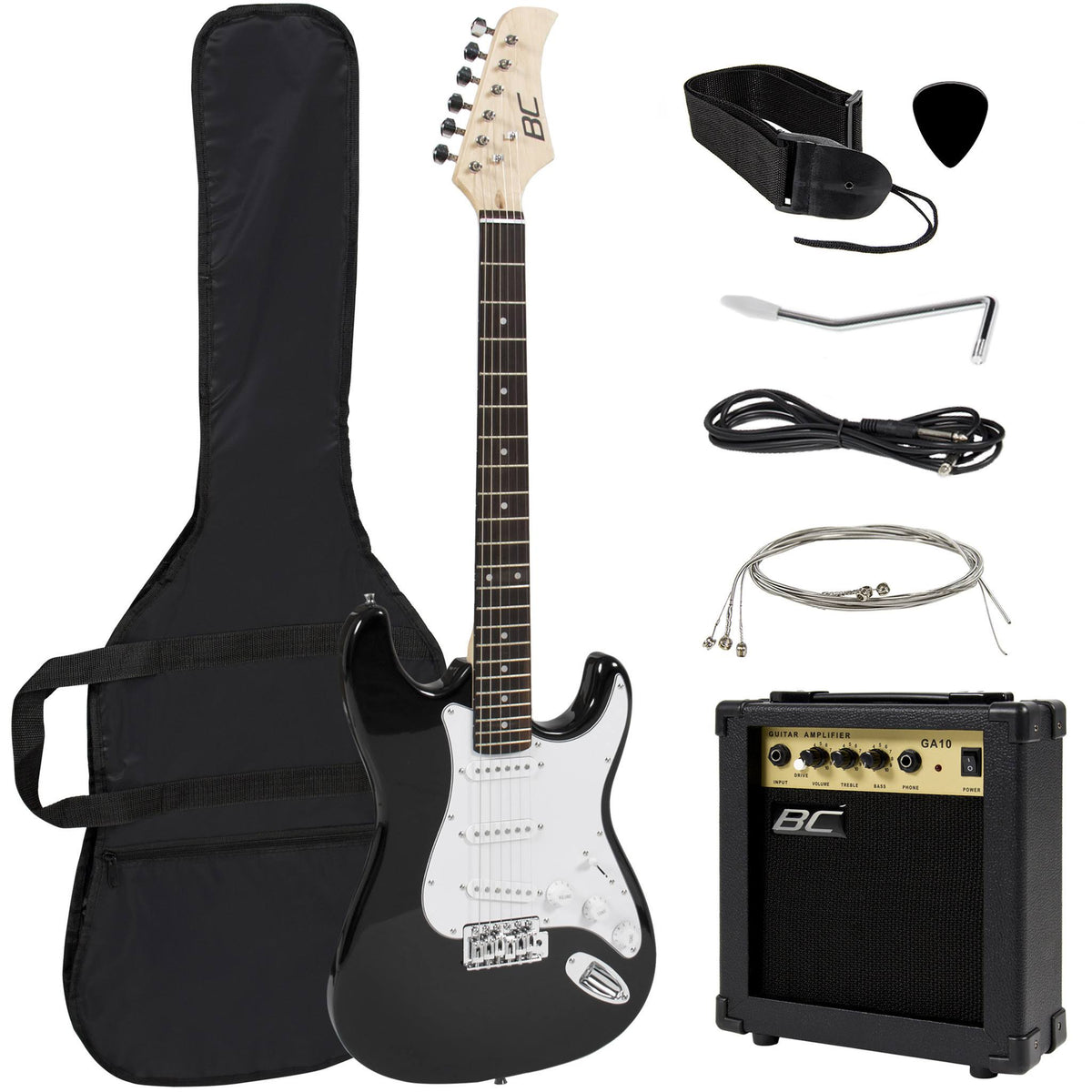 39in Full Size Beginner Electric Guitar Starter Kit with Case, Strap, Amp - Black E516