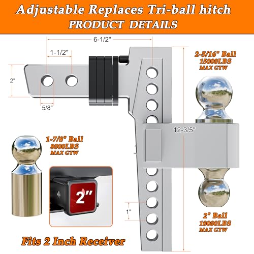 Adjustable Drop Hitch, Tri-Ball (1-7/8'', 2'', 2-5/16''), Fits 2-Inch Receiver, 8 Inch Drop, 15000 LBS GTW, Heavy Duty Solid Ball Mount, Silver K142