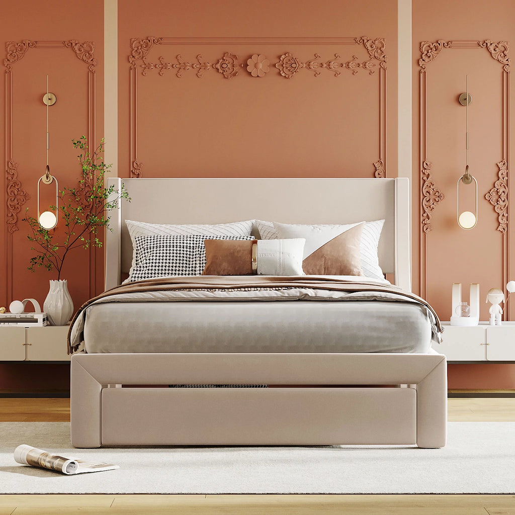 Beige Velvet Full Size Bed Frame with Storage Drawer G533