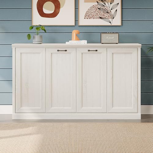 Twin Size Murphy Bed with Storage Bookshelf and USB Charging Station, Folding into a Cabinet, Rustic White H63189