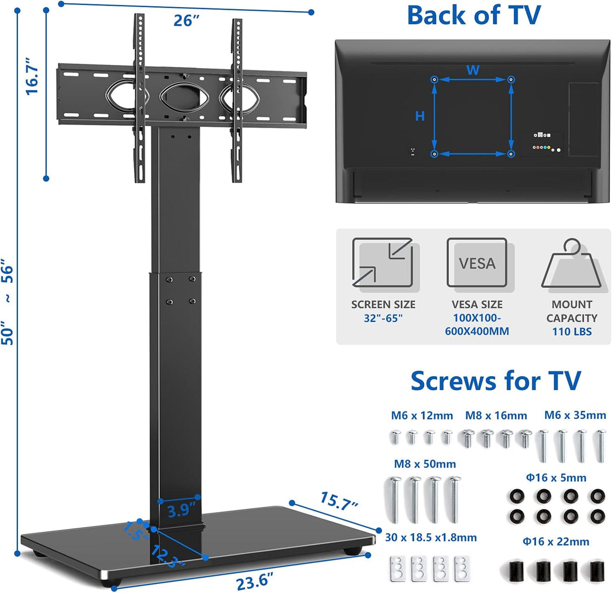 Black Swivel Floor TV Stand for 32-65 inch TVs, VESA 600x400mm W9706