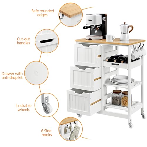 White Kitchen Island Cart on Wheels with Bamboo Countertop S846