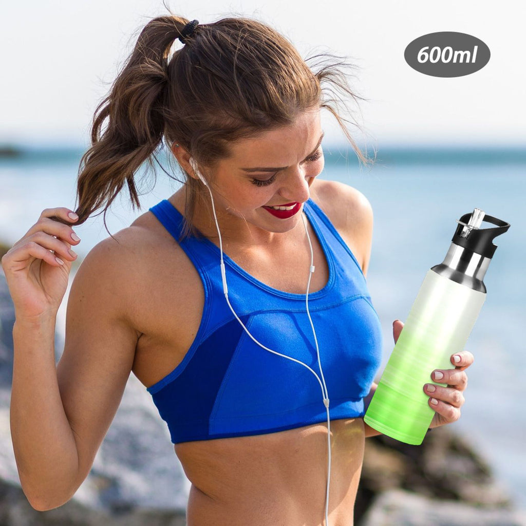 Stainless Steel Water Bottle Gradient Green with Straw Lid Vacuum Insulated Leak Proof Flask 20 OZ F970