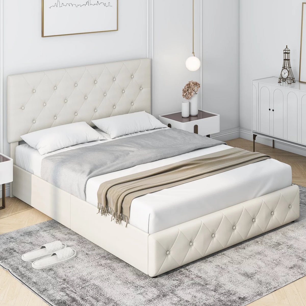 Queen Size 4 Drawer Upholstered Platform Bed with Adjustable Headboard I32229