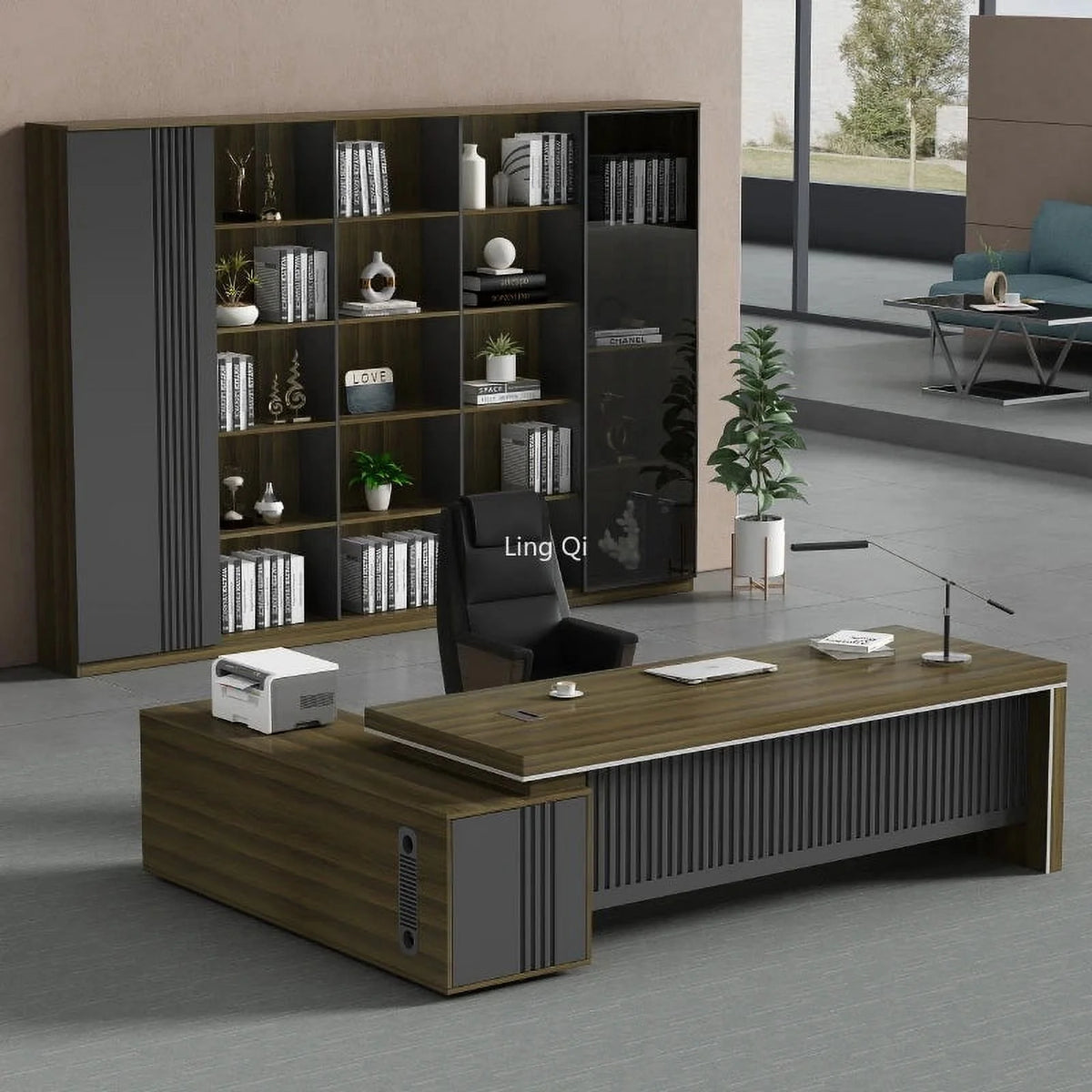 L Shaped Dark Wood Office Desk Y93972