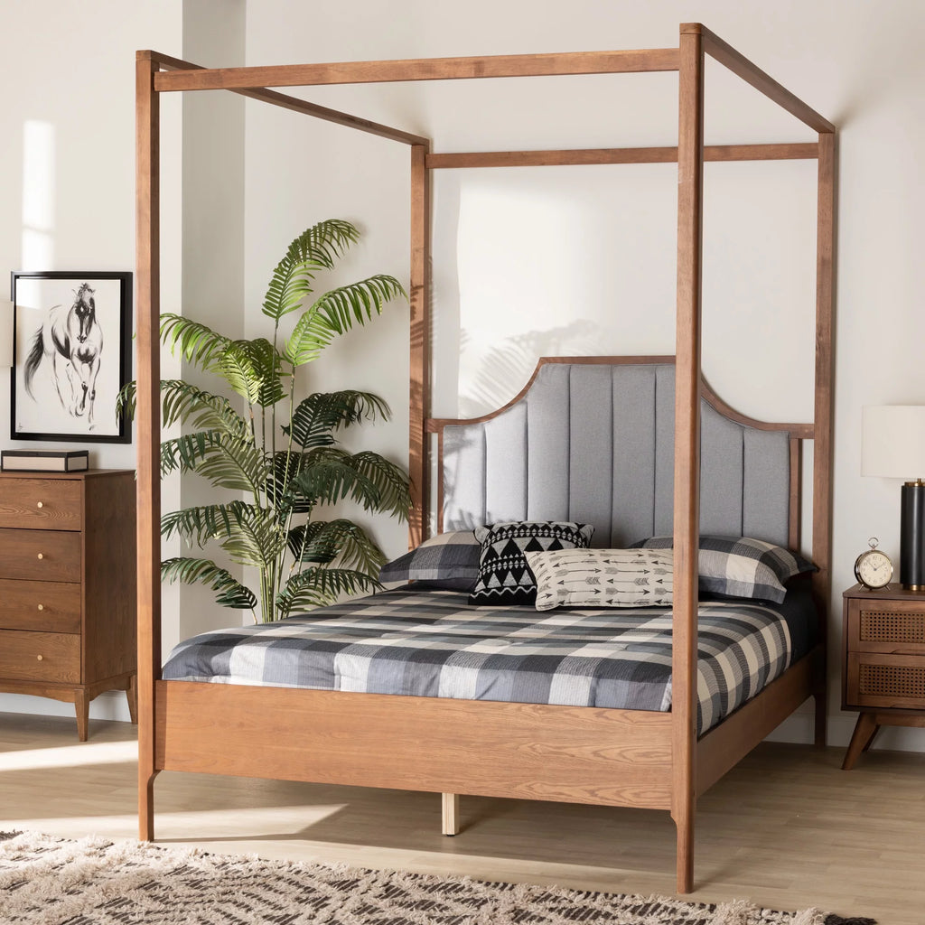 Ash Walnut Finished Wood Queen Size Canopy Bed I926