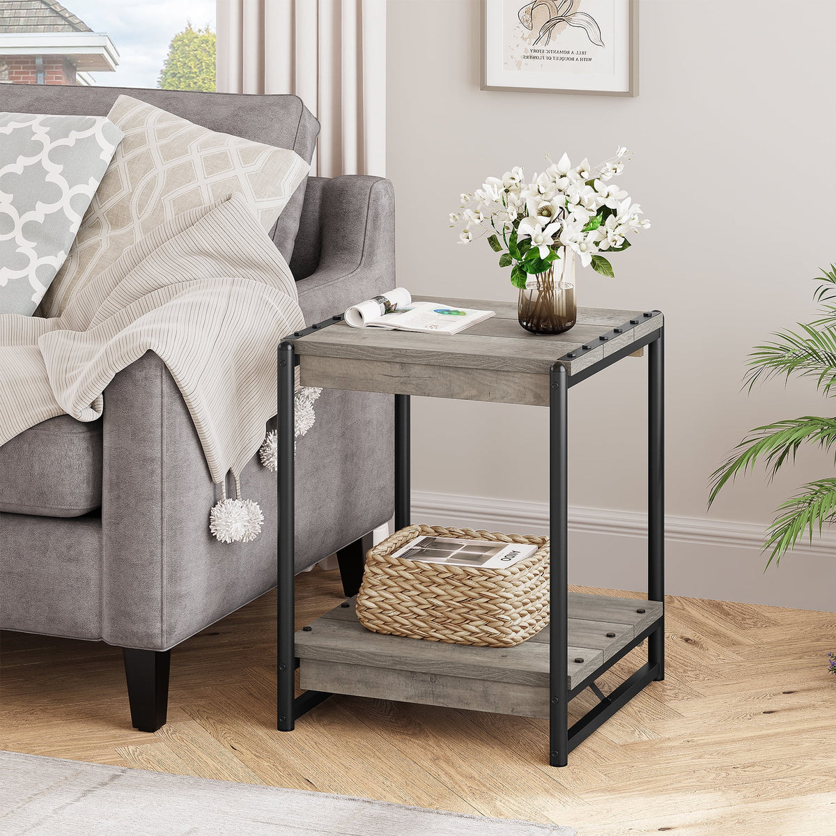 Grey Wood End Table with Storage Shelf H269