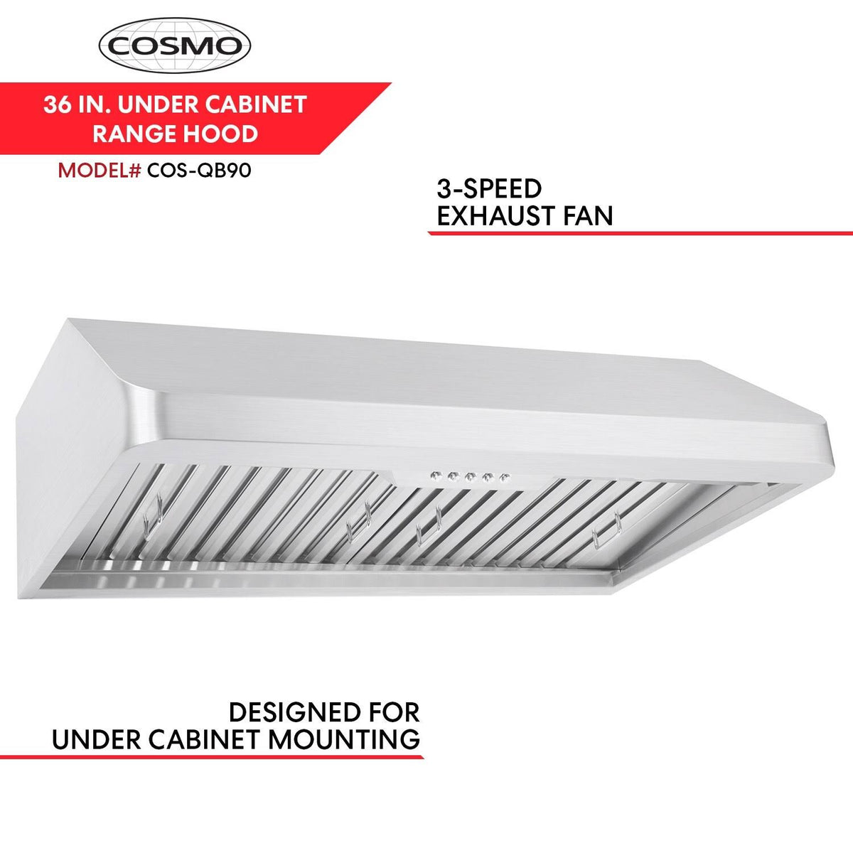 Stainless Steel Ducted Under Cabinet Range Hood with Push Button Controls, LED Lighting and Permanent Filters R524
