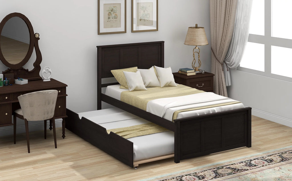 Wood Twin Platform Bed with Headboard & Trundle L1825