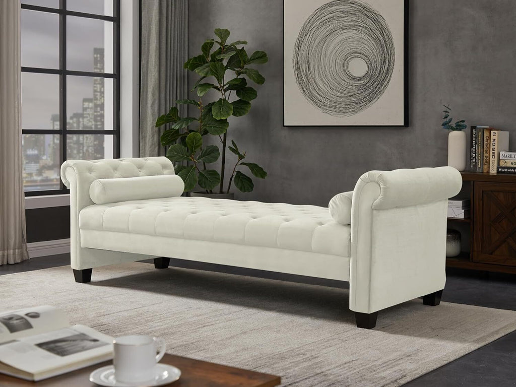 Ivory Velvet Upholstered Bench with 2 Pillows Y273451