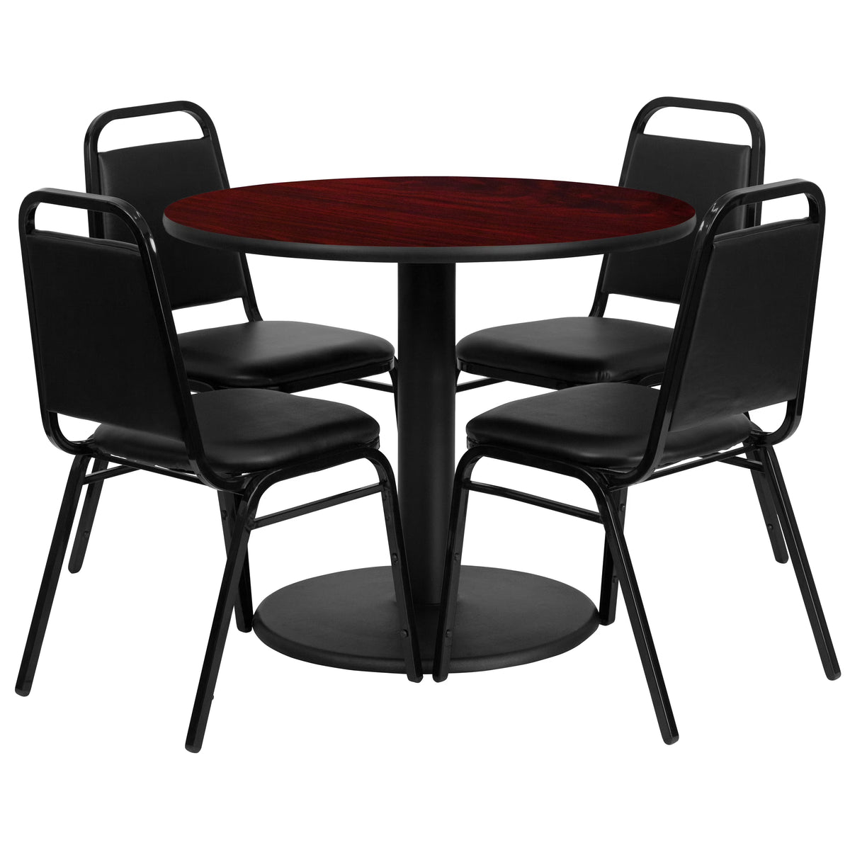 Mahogany Laminate Table Set with 4 Black Banquet Chairs Q38562
