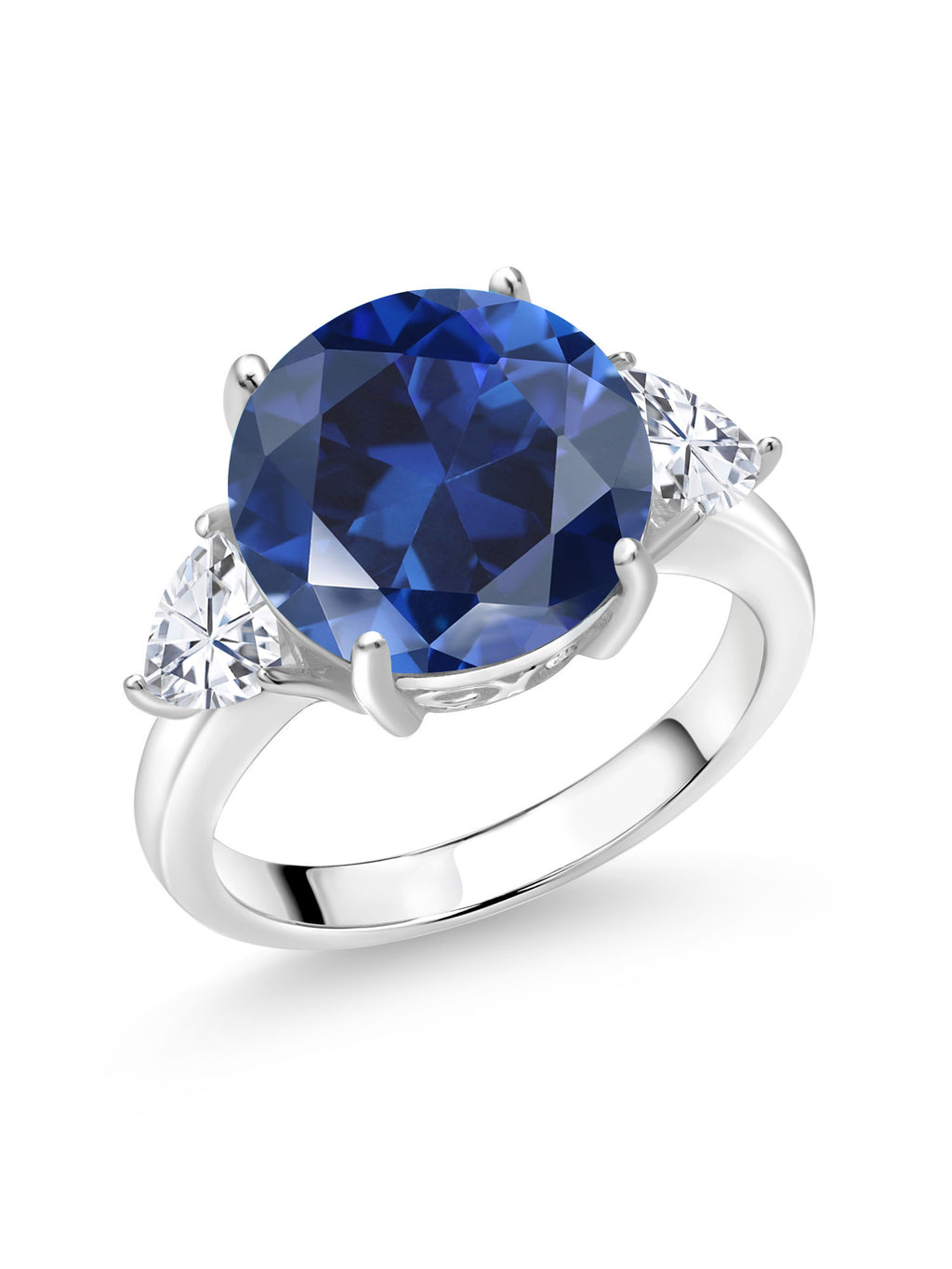925 Sterling Silver Blue Simulated Sapphire and White Moissanite 3-Stone Ring B530