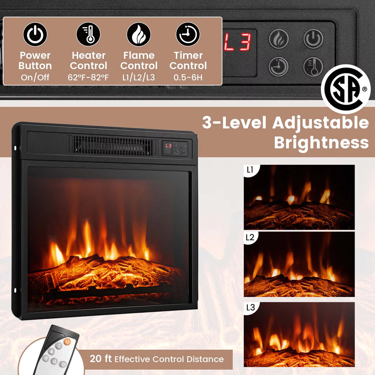 White Fireplace TV Stand with LED Lights & 18'' Electric Fireplace W628453