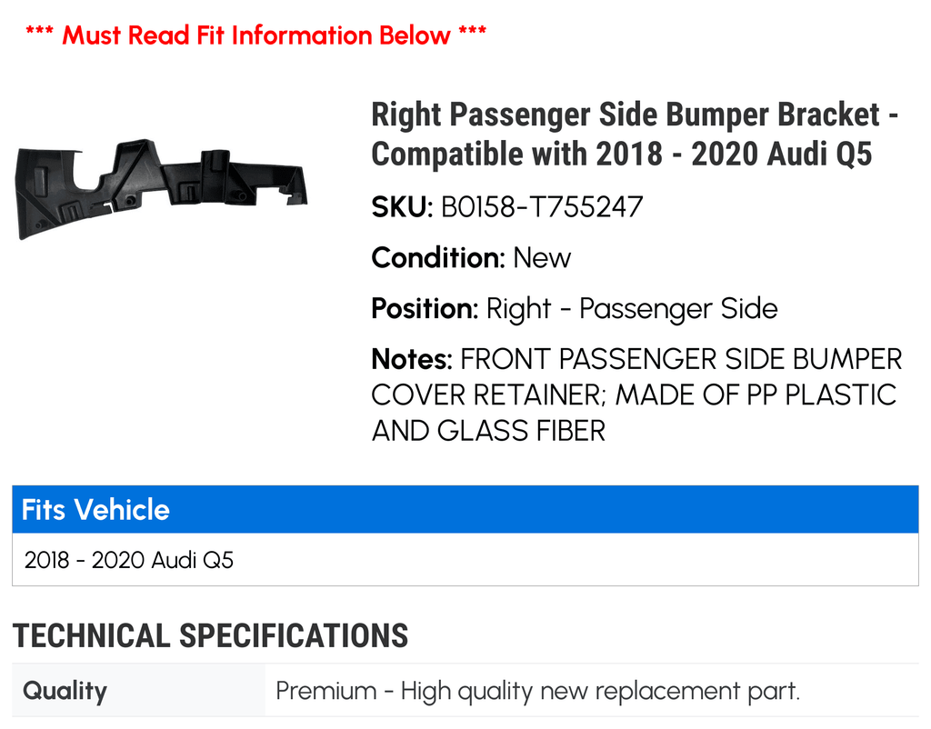 Right Passenger Side Bumper Bracket for 2018-2020 Audi Q5 C11483