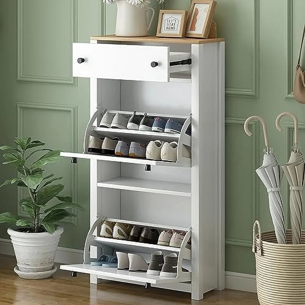 White Slim Shoe Cabinet with 2 Flip Drawers U810454