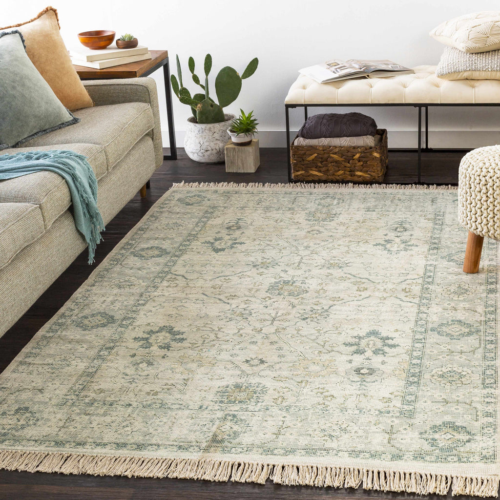 Hand Woven Cotton Area Rug with Tassel Green Sage Beige Off White 6' x 9' Z11268