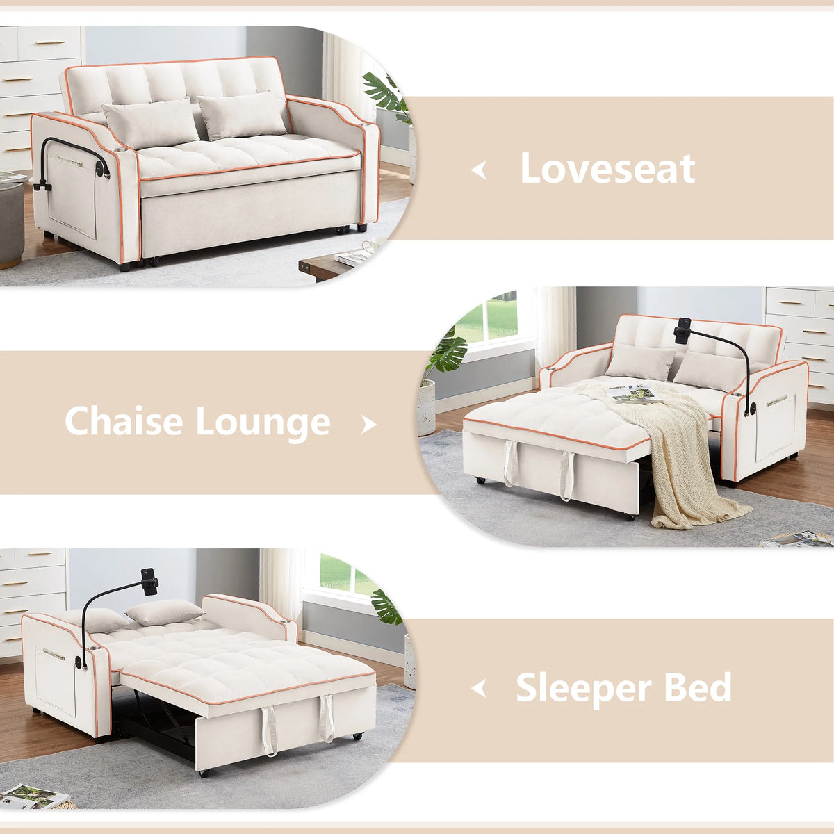 Beige Velvet 2 Seater Pull Out Sofa Bed with USB Port and Cup Holders S600