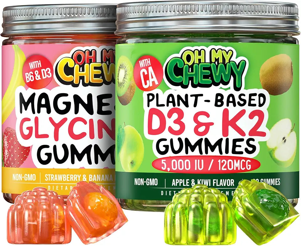 Magnesium + D3K2 Gummies Bundle - 2 Bottles (60 Each) - Strawberry Banana & Apple Kiwi F318