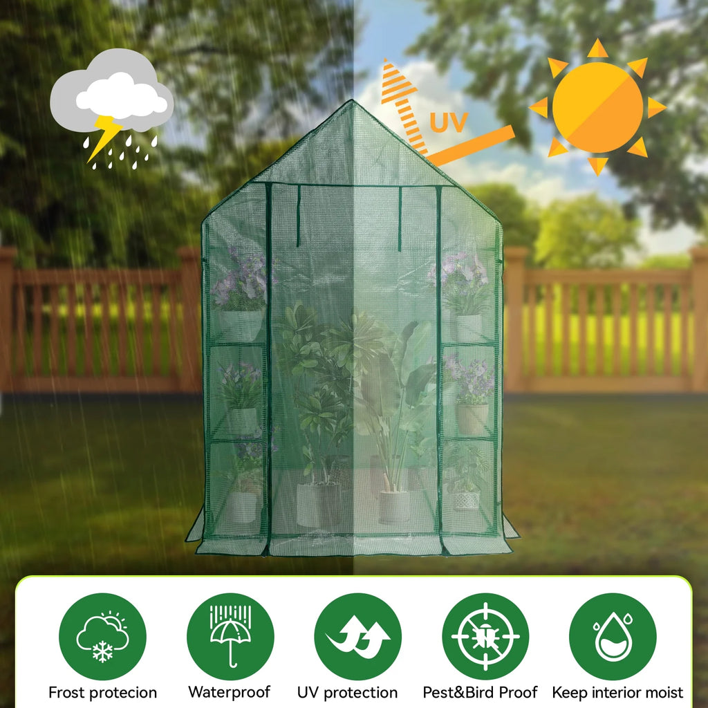 Walk-In Greenhouse Kit with Cover, 3 Tiers 6 Shelves, Portable Greenhouse with Observation Windows, PE Door, Ground Pegs & Ropes W650