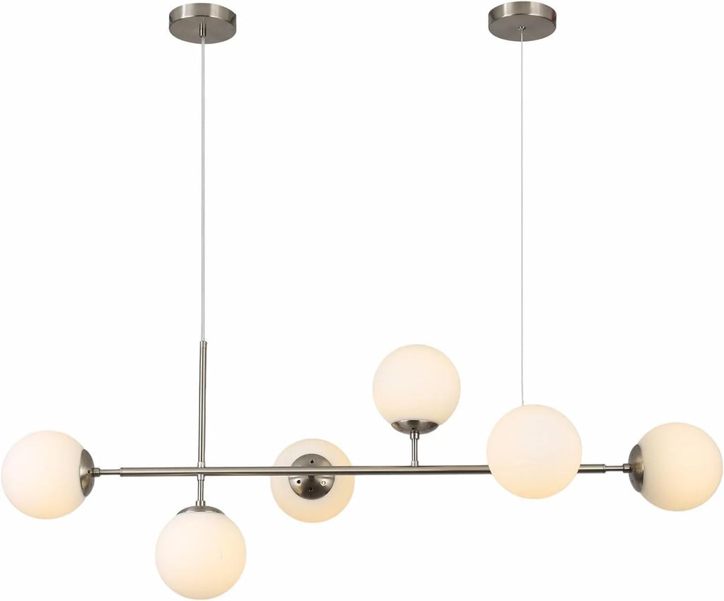 Modern Ceiling Pendant Lighting, Mid-Century Glass Globes Pendant Lamp, LED 6-Light Hanging Adjustable Chandelier for Kitchen Island Living Dining Room (Silver+Clear) Y41191