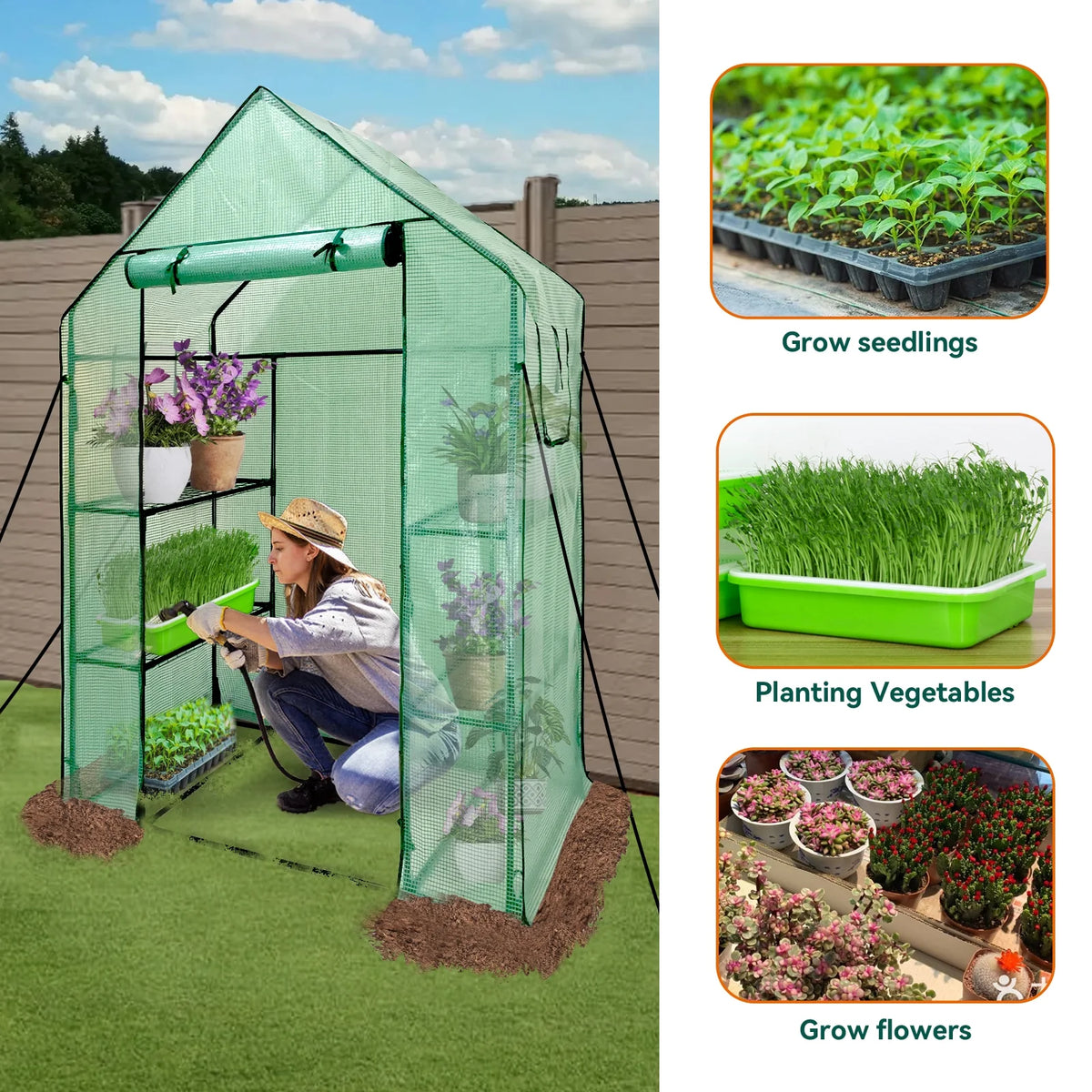 Walk-In Greenhouse Kit with Cover, 3 Tiers 6 Shelves, Portable Greenhouse with Observation Windows, PE Door, Ground Pegs & Ropes W650