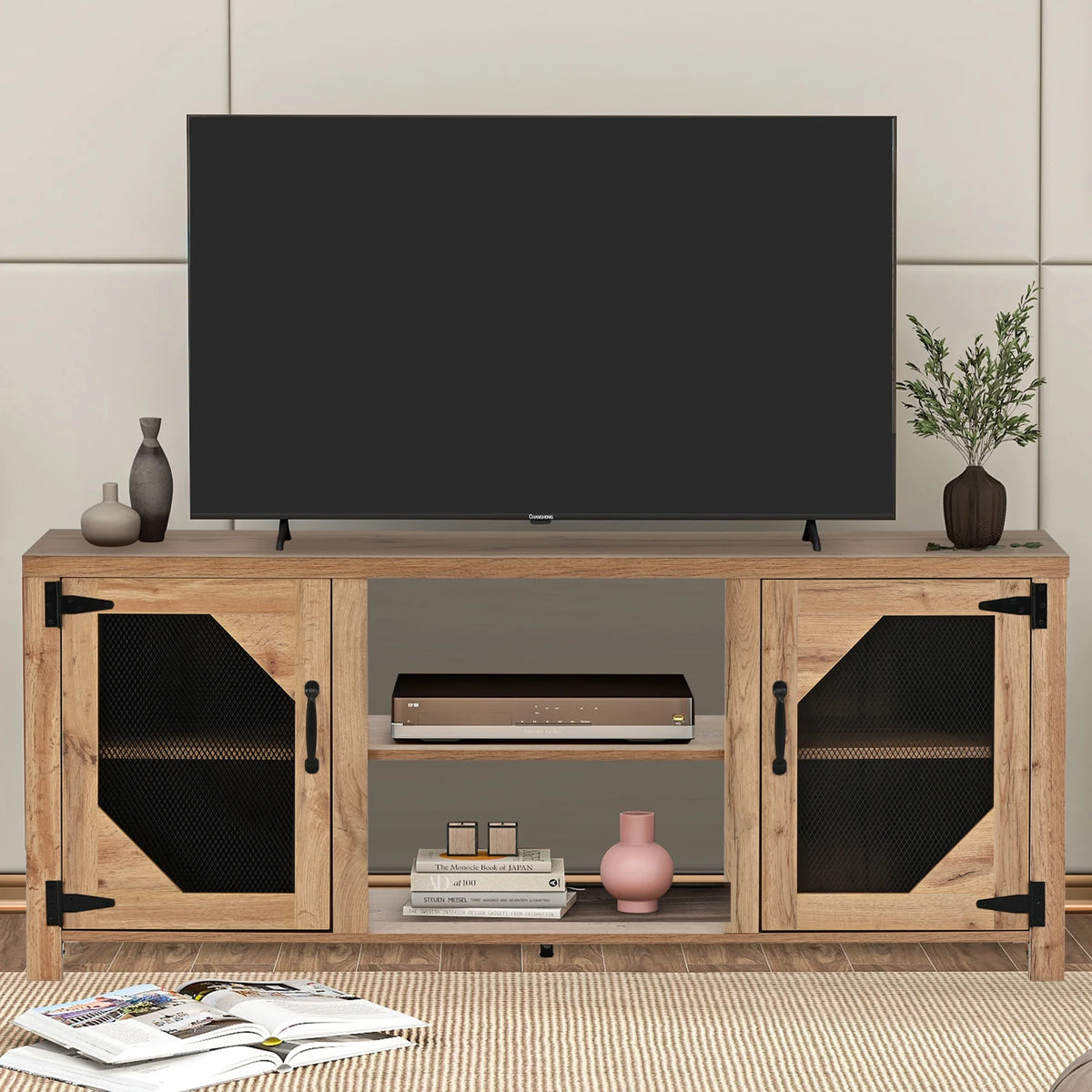 Natural Wood TV Stand with 2 Door Cabinet M747425