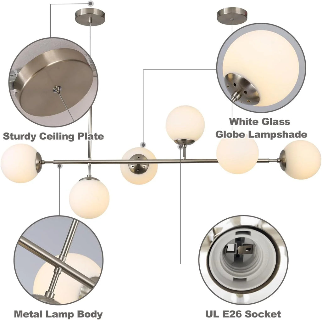Modern Ceiling Pendant Lighting, Mid-Century Glass Globes Pendant Lamp, LED 6-Light Hanging Adjustable Chandelier for Kitchen Island Living Dining Room (Silver+Clear) Y41191