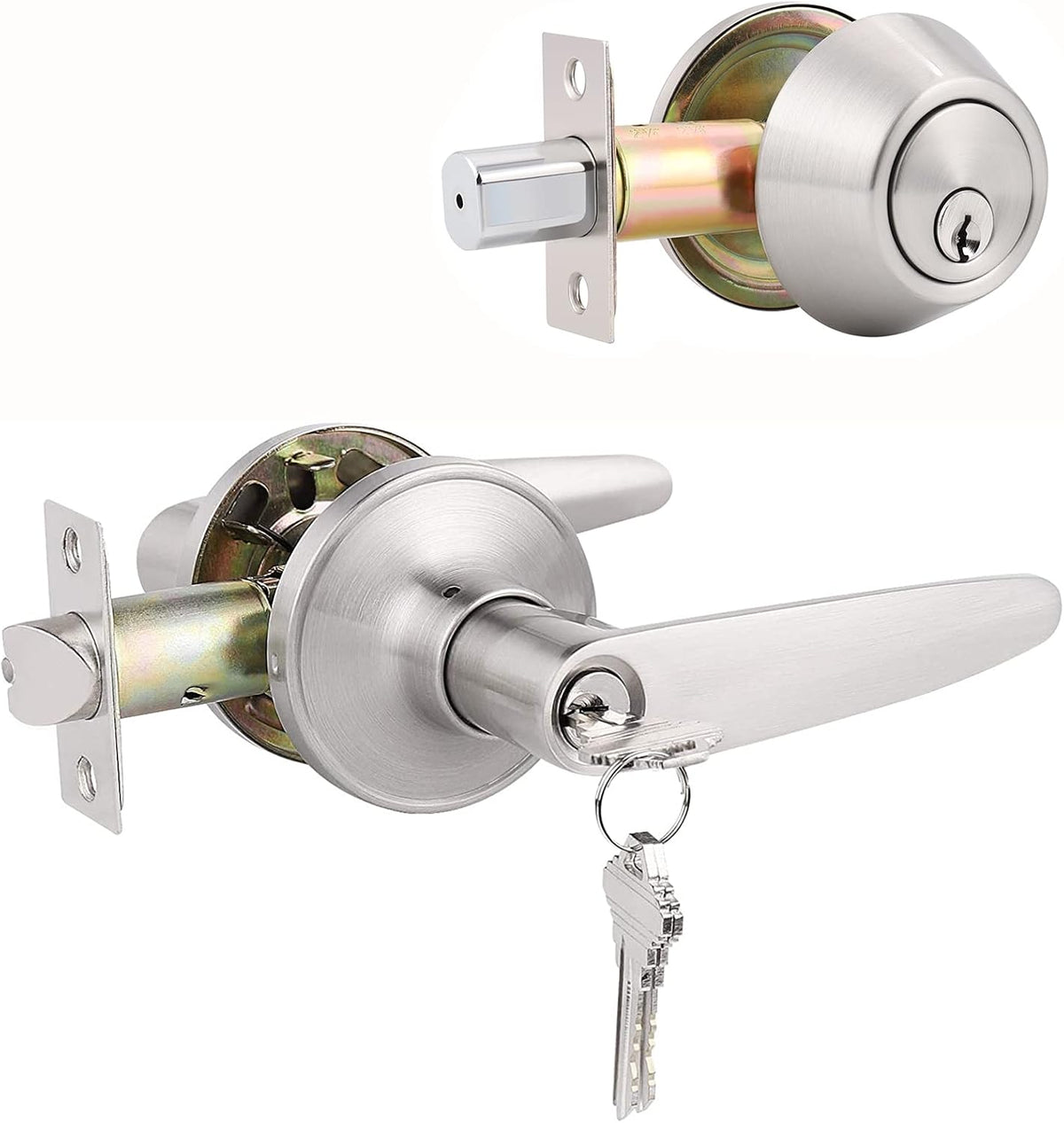 2 Pack Keyed Entry Door Lever and Single Cylinder Deadbolt Combination Set in Satin Nickel Finish P1474