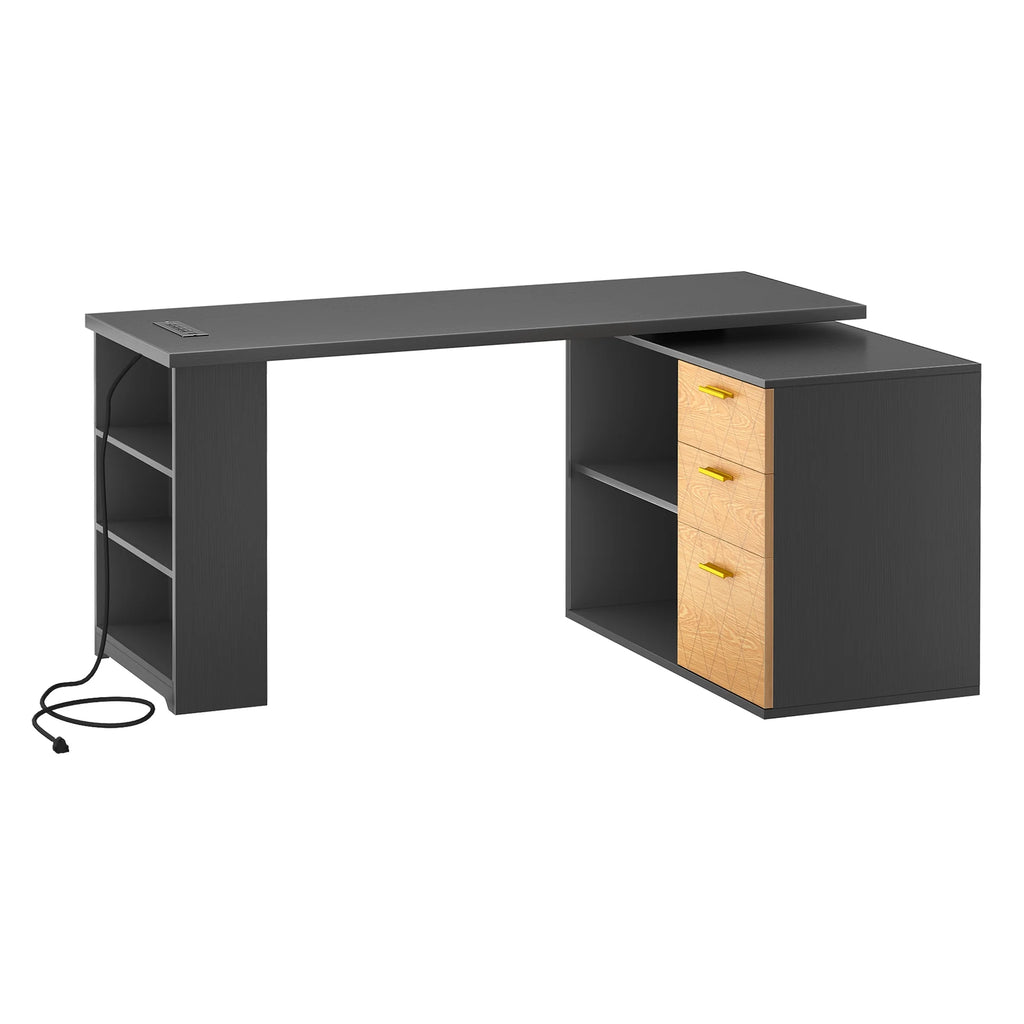 Black 59 Inch L Shaped Desk with File Cabinet and Storage Shelves H6113
