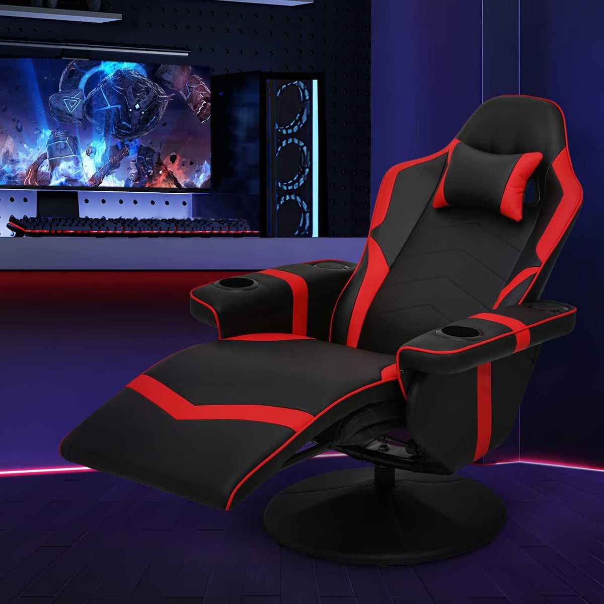 Red PU Leather 360° Swivel Recliner Massage Chair with Footrest I88793