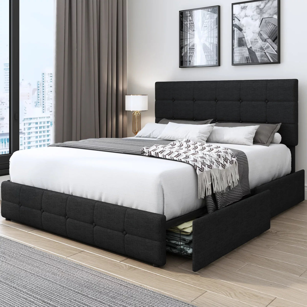 Queen Size 4 Drawer Upholstered Platform Bed with Adjustable Headboard I32229