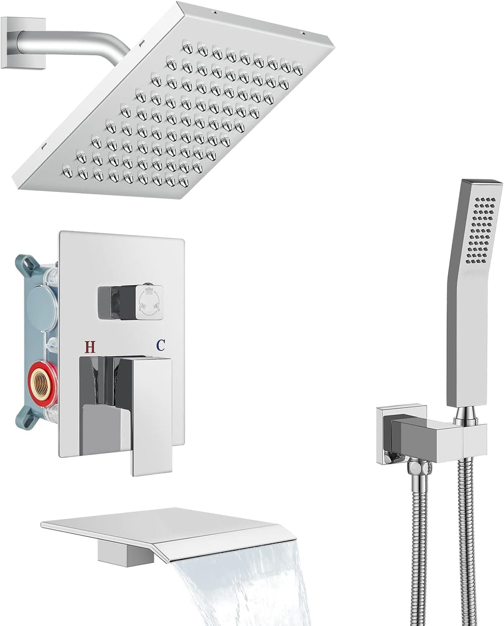 Polish Chrome Rainfall Shower System with Tub Spout and Handheld Sprayer M2530