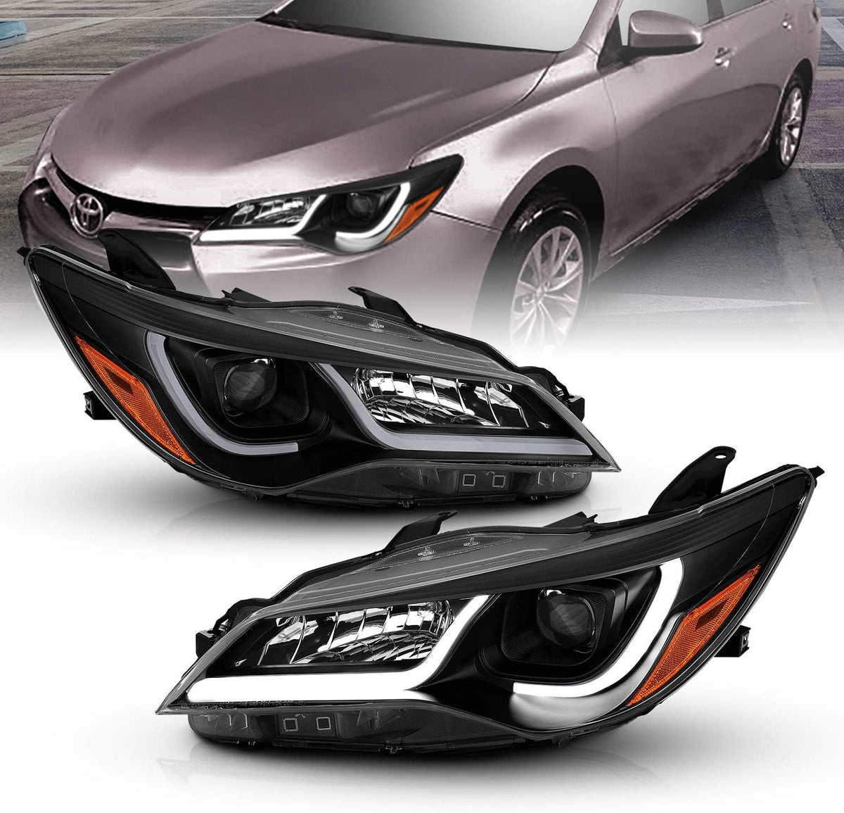 Black LED Tube Projector Headlights Assembly Pair L8893