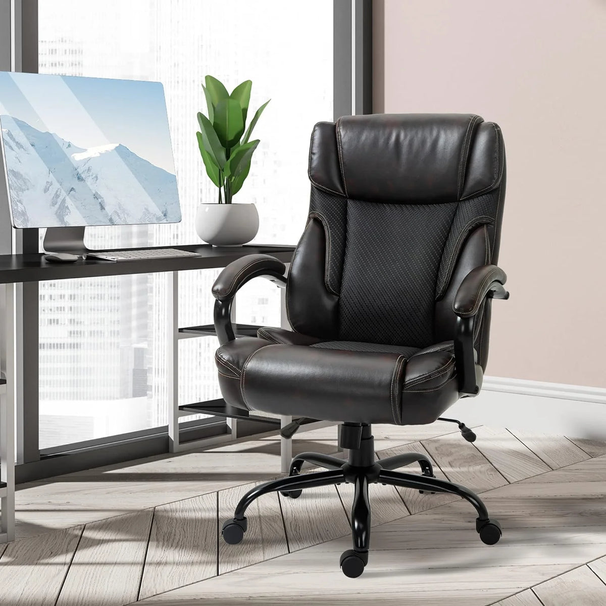 Big And Tall Ergonomic Executive Office Chair With Wide Seat, High Back Adjustable Swivel PU Leather, Brown W30257