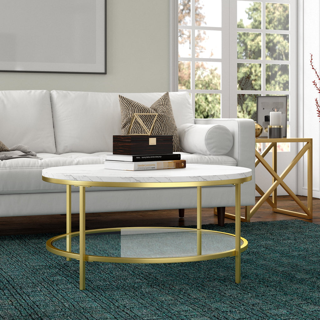 36" Wide Round Coffee Table with Faux Marble Top D507