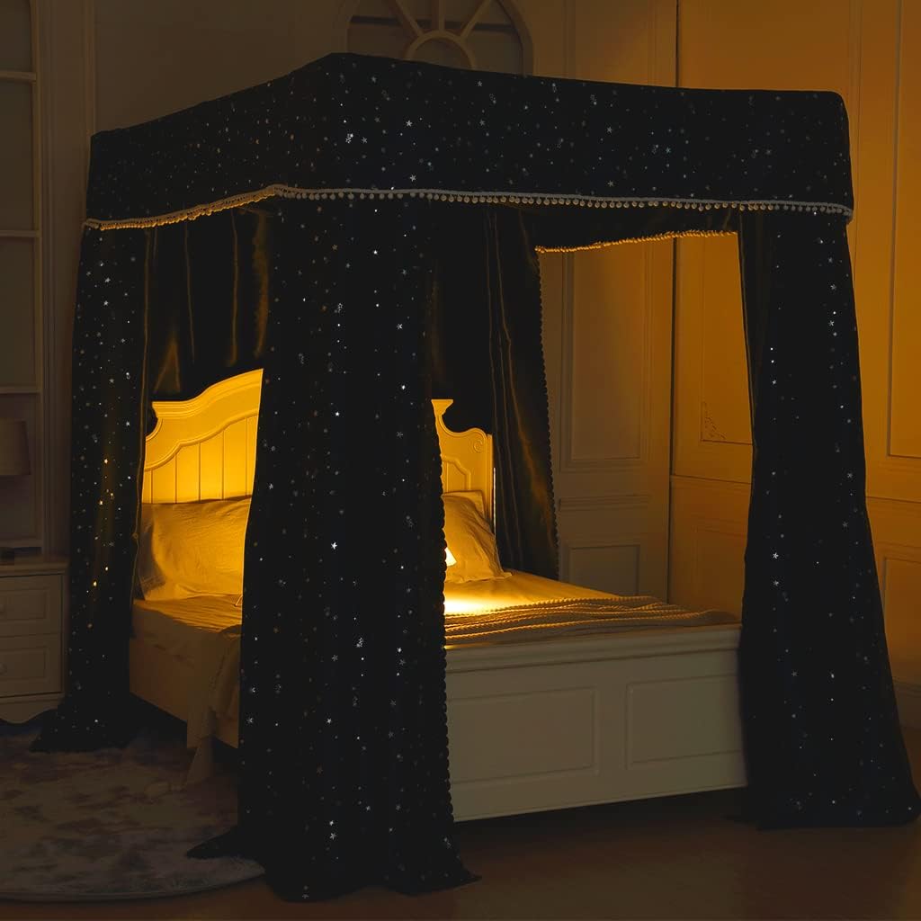 Black 100% Lightproof 4 Corner Post Bed Curtain Canopy (King) L290