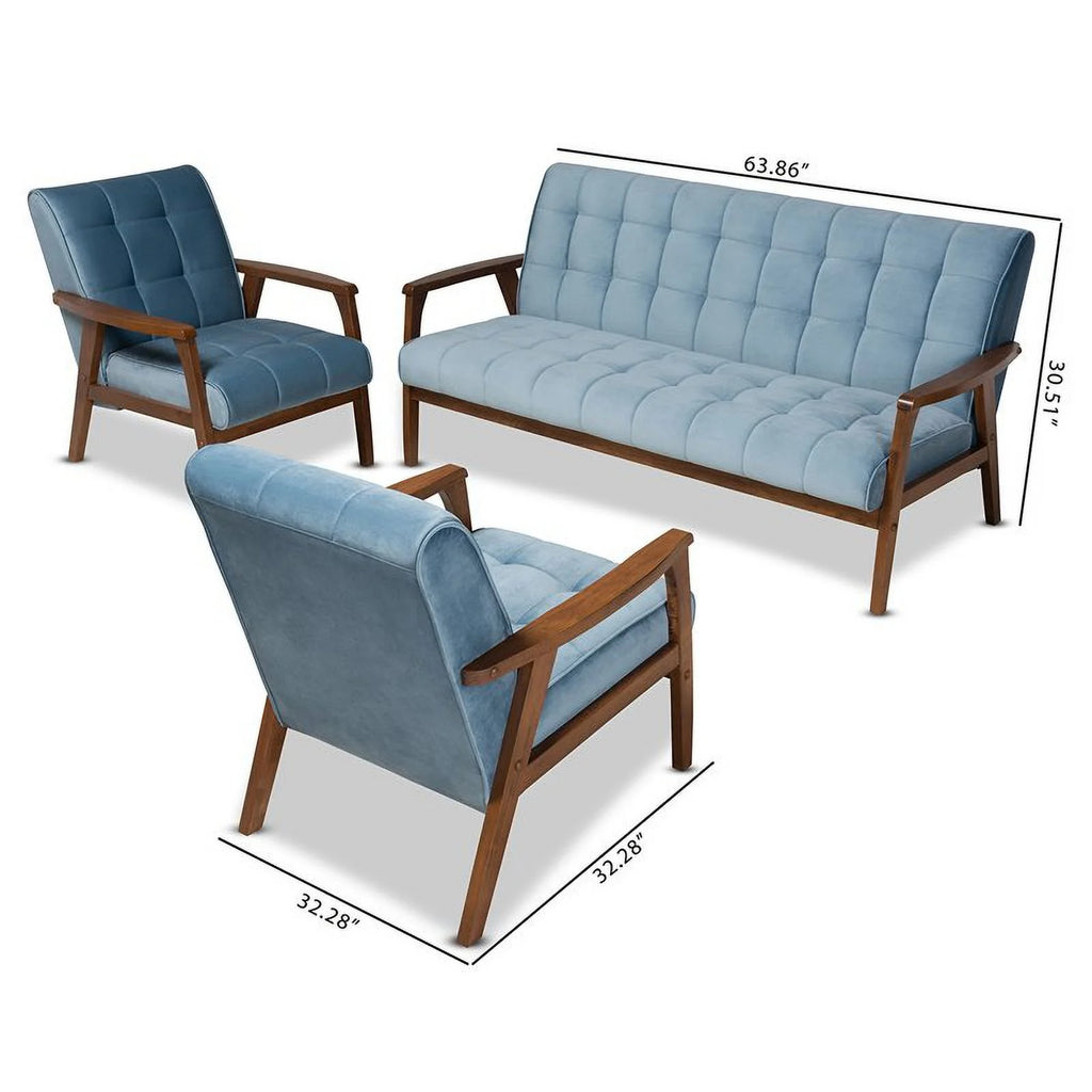 Light Blue Velvet Upholstered Wood 3-Piece Living Room Set C9299