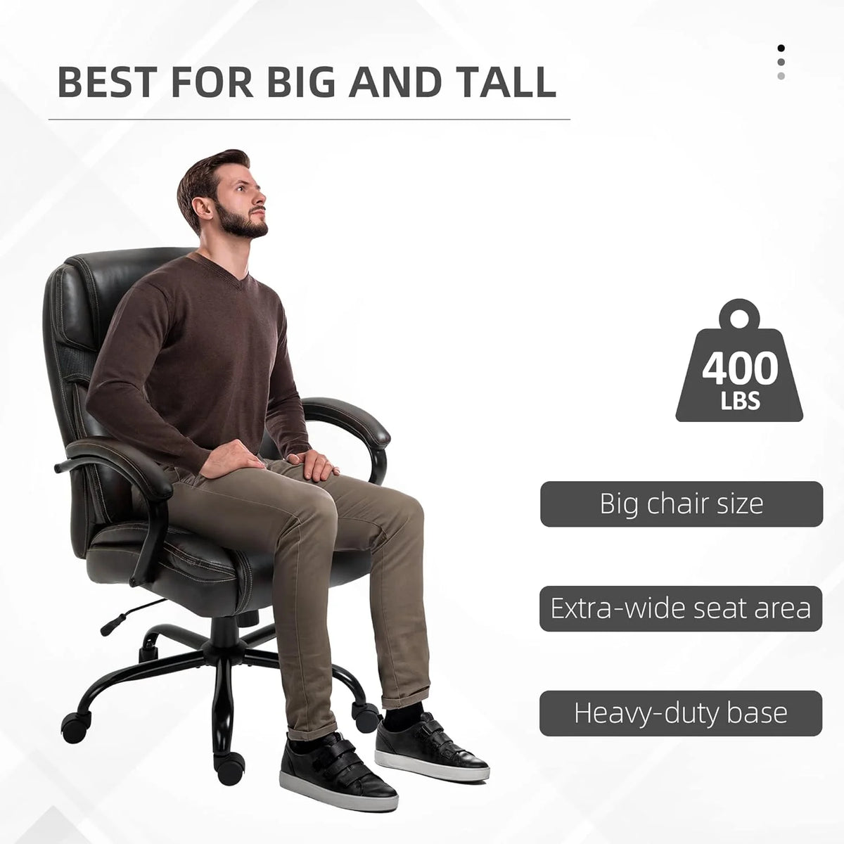 Big And Tall Ergonomic Executive Office Chair With Wide Seat, High Back Adjustable Swivel PU Leather, Brown W30257