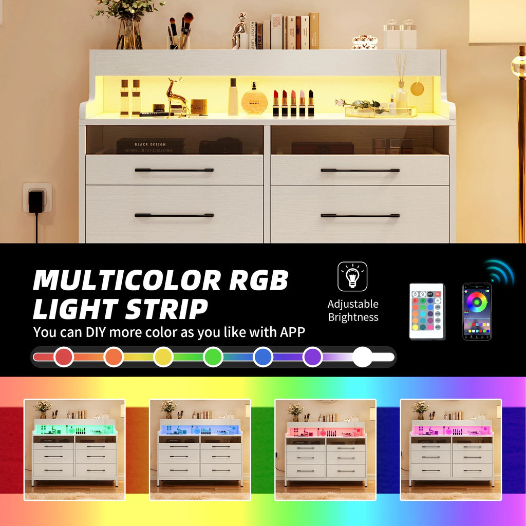 Black 6 Drawer Dresser with LED Light and Open Storage W5696