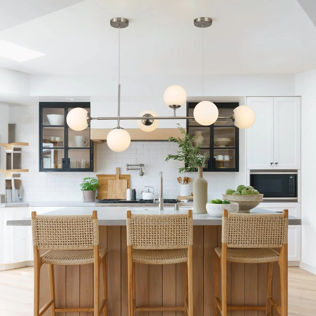 Modern Ceiling Pendant Lighting, Mid-Century Glass Globes Pendant Lamp, LED 6-Light Hanging Adjustable Chandelier for Kitchen Island Living Dining Room (Silver+Clear) Y41191