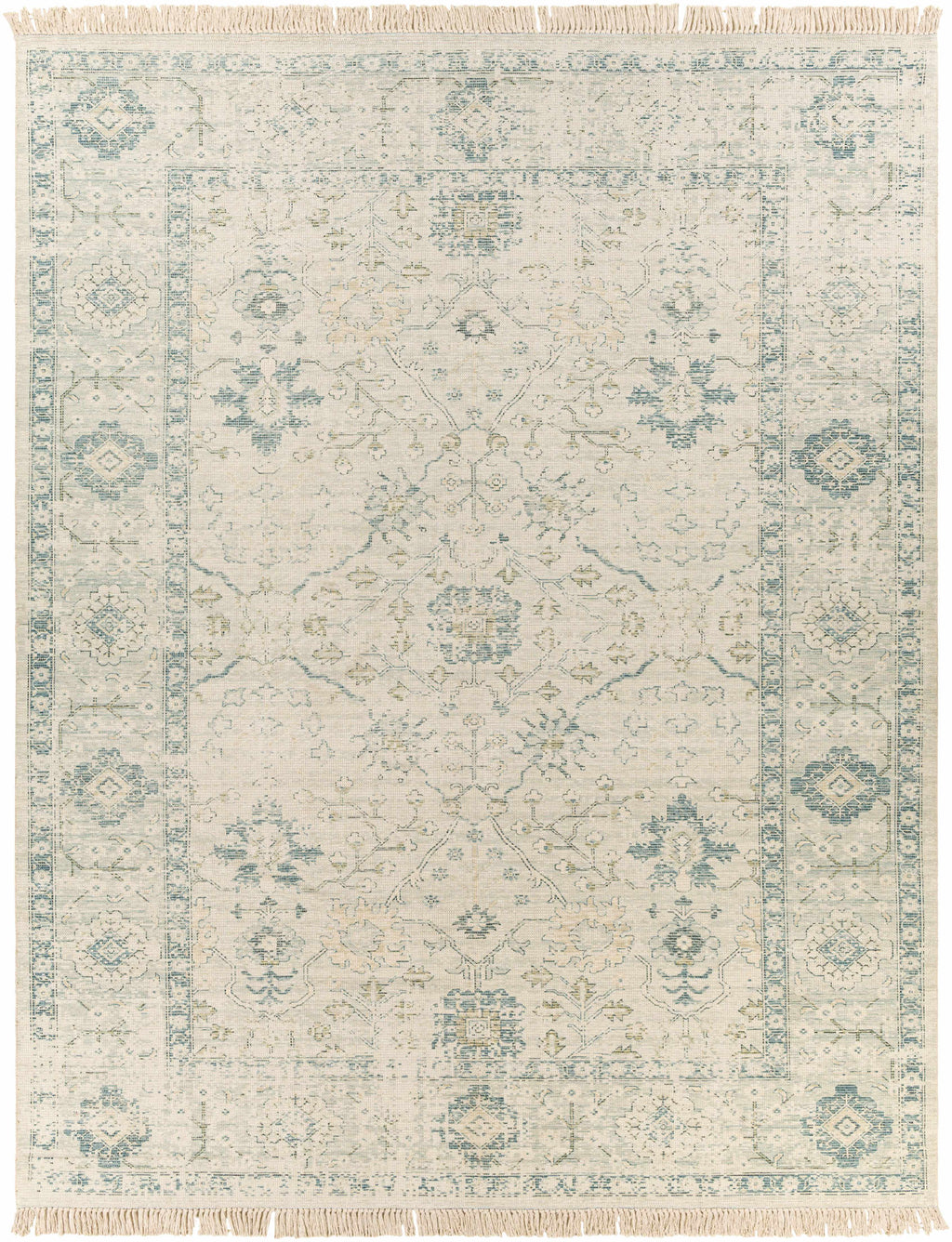 Hand Woven Cotton Area Rug with Tassel Green Sage Beige Off White 6' x 9' Z11268
