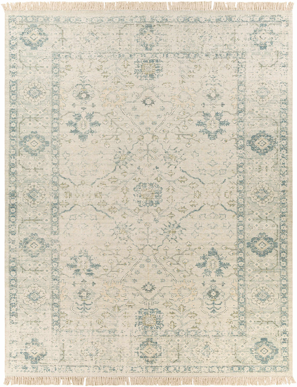 Hand Woven Cotton Area Rug with Tassel Green Sage Beige Off White 6' x 9' Z11268