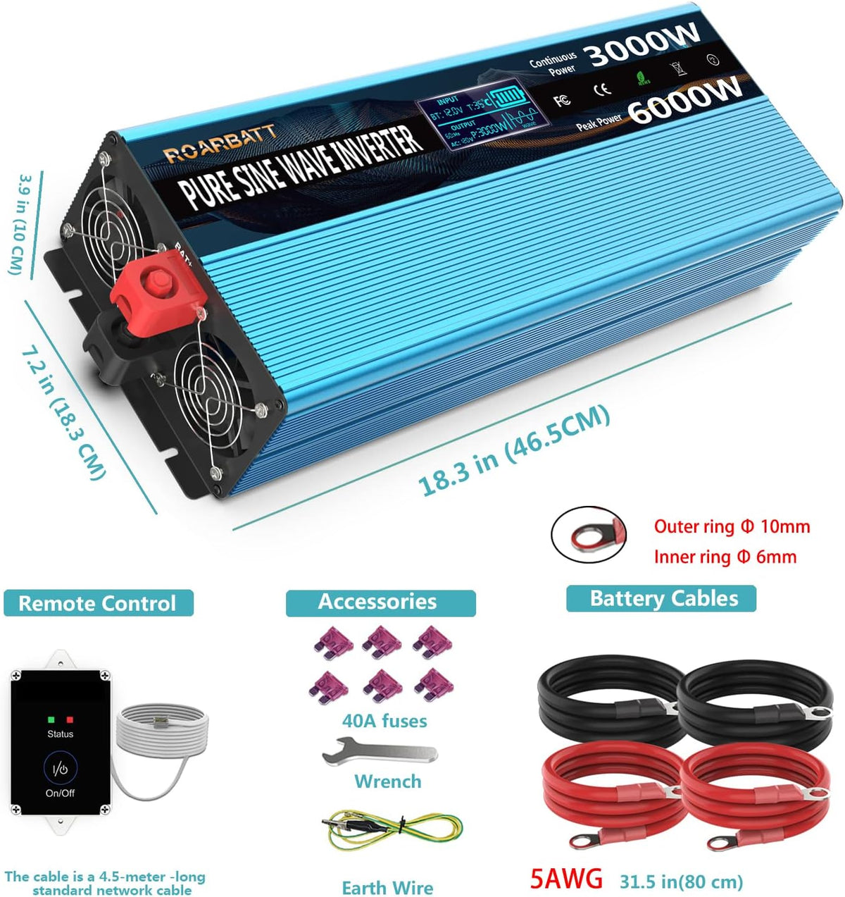 3000Watt 12V DC to AC 110V 120V Power Inverter with Remote Control 4 AC Outlets Dual USB Port L1689