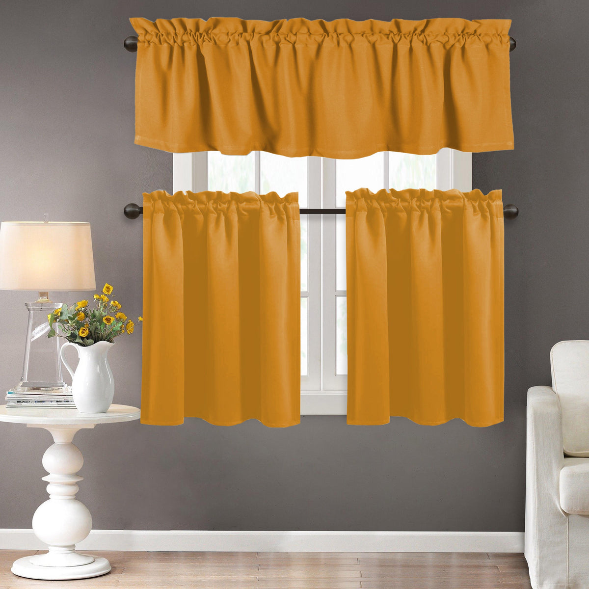 Mustard Yellow 100% Cotton Kitchen Curtain Valance Set 3 Pack S342513